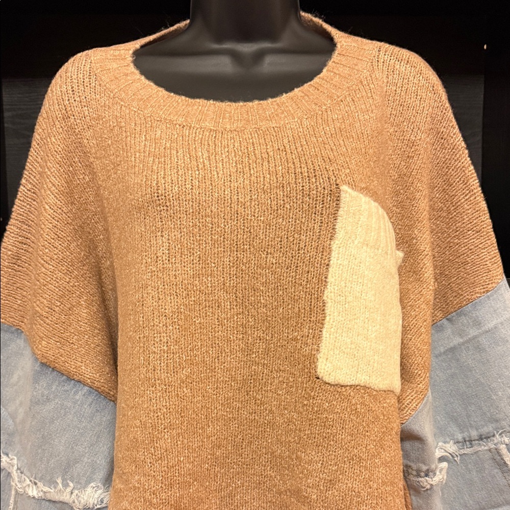 Stylish Brown Sweater with Denim Accents